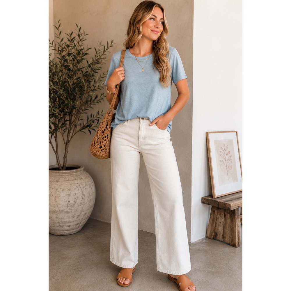 J.Jill Women's Small Blue Pima Cotton Elbow Sleeve Tee Coastal Quiet Luxury